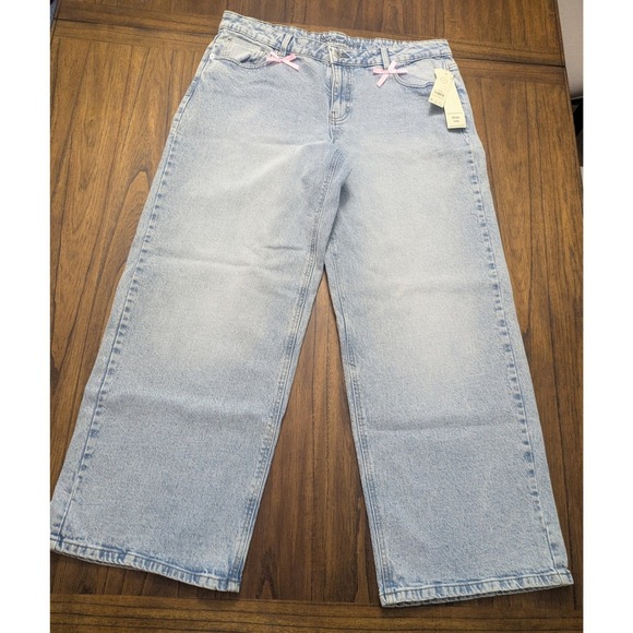 No Boundaries Denim - No Boundaries Wide Leg Jeans Light Wash Blue Pink Bow Coquette Denim Size 14 NEW